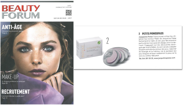 VitalCell Eye Contour Pads featured in BEAUTY FORUM-Jacqueline Piotaz Switzerland